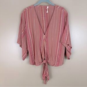 Lovestitch Allie Lurex Dusty Rose Multi Embroidered Stripe Tie Top Blouse Small